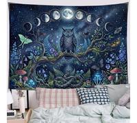 JRISEMECY Dark Blue Tapestry 3D Fantasy Starry Sky Owl Wall Hangings | Celtic Lunar Phases Plants Beach Throw Blanket, Tapestries Wall Decor For Bedspread Yoga Meditation Mat Rugs 230X180Cm