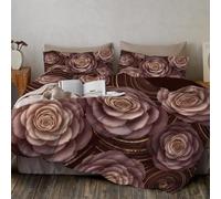 JRISEMECY Double Duvet Cover Set 3 Piece Brown Breathable Bedding Sets - 3D Vintage Rose Print Soft Microfiber Double Bedding, Luxurious Swirling Lines Quilt Cover, 2 X Pillowcases