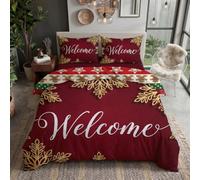 JRISEMECY Elegant Christmas Letters Duvet Cover Set King, Dark Red | Reversible Xmas Bedding Set With Pillowcase, Luxury Gold Leaf Snowflake Soft Lightweight Festive Bedding For Kids & Adults