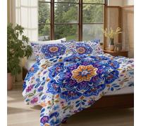 JRISEMECY Ethnic Floral Mandala Single Size Duvet Cover Sets, Breathable Comfy Soft Reversible Exotic Plant Geometry Bedding Set With Pillowcases, Luxury Non Iron Quilt Cover With Zipper, Blue White
