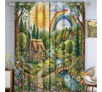 JRISEMECY Fairy Tale Country House Blackout Window Panels, W46 Xl72 2 Panels, Forest Green Rainbow Sun River Blackout Curtains, Top Grommet Decor Room Darkening Privacy Drapes For Bedroom Living Room