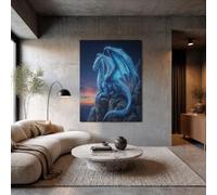 JRISEMECY Fantasy Starlight Blue Dragon Wall Art Prints Unframed, Artwork Wall Decor | Tranquil Cliff Landscape Prints Canvas For Living Room 20X28 Inch, Dark Blue Modern Poster Art Print For Bedroom