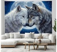 JRISEMECY Full Moon Wolf Couple Tapestry For Living Room, Navy Blue Fantasy Animals Hippie Wall Hanging For Bedroom, Aesthetic Cool Tapestry Beach Blanket College Dorm Home Decor (80"X60")