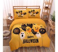 JRISEMECY Fun Halloween Party Bedding Set Double Size 3Pcs | Yellow Duvet Cover Set Ghosts Spider Webs Balloons Soft Microfibre Quilt Cover All Season Easy Care Bedding For Girls Adult