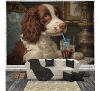 JRISEMECY Fun Springer Spaniel Drink Tapestry For Living Room, Brown Vintage Oil Painting Hippie Wall Hanging For Bedroom, Aesthetic Cool Tapestry Beach Blanket College Dorm Home Decor (90"X70")