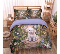 JRISEMECY Green Cute Puppy Swing Duvet Cover, Single Size Bedding Set 135X200Cm, Soft Microfiber, Cozy Butterfly Garden Reversible Designs, 1 Pillowcases, Bohemian Bedding Quilt Cover