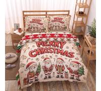 JRISEMECY Hand-Drawn Santa Claus Bedding Super King Duvet Cover Set - Cute Christmas Tree Gift Box | Beige Bedding Set With Pillowcase, Reversible Quilt Cover, Soft Breathable Microfiber, Washable