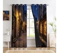 JRISEMECY Indigo Blackout Curtains For Living Room 2 Panel Set, European City Streets Premium Eyelet Curtains For Bedroom, Retro Night View Black Out Window Curtain Drapes Curtain 72 Drop