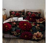 JRISEMECY King Duvet Cover Set 3 Piece Black And Red Breathable Bedding Sets - Vintage Floral Illustration Print Soft Microfiber King Bedding, Victorian Aesthetics Quilt Cover, 2 X Pillowcases