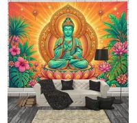 JRISEMECY Large 60"X40" Soft Fabric Tapestry Wall Hanging | Thai Meditation Statue Tapestry Backdrop For Bedroom Orange-Green Exotic Tropical Plants Tapestries Wall Art For Living Room Yoga Decor