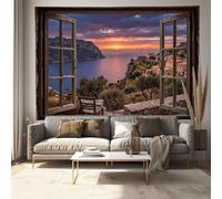 JRISEMECY Large 60"X50" Soft Fabric Tapestry Wall Hanging | Sunset In The Seaside Countryside Tapestry Backdrop For Bedroom Brown Retro Window View Tapestries Wall Art For Living Room Yoga Decor
