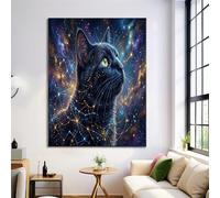 JRISEMECY Large Fantasy Starry Sky Black Cat Unframed Canvas Wall Art, Cosmic Animal Wall Decor, Dark Blue Modern Art Poster Canvas Painting Picture For Living Room Office Bedroom, Frameless, 30X40Cm