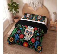 JRISEMECY Mexican Rose Skull Single Duvet Cover Sets, 2-Piece Soft Microfiber Reversible Quilt Cover Day Of The Dead Poster Dark Green Single Bedding Set 135X200Cm With Pillowcases, Zipper