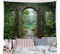 JRISEMECY Moss And Cement Tapestry Tropical Rainforest Landscape Tapestries Wall Hanging | Dark Green Aesthetic Poster Backdrop For Yoga Meditation Living Room Bedroom Garden Wall Decor, 90"X70"