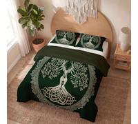 JRISEMECY Mysterious Deer Tree Of Life King Duvet Cover Sets, 3-Piece Soft Microfiber Reversible Quilt Cover Retro Celtic Knot Dark Green King Bedding Set 230X220Cm With Pillowcases, Zipper