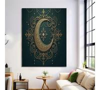 JRISEMECY Mysterious Moon And Starry Sky Wall Art Retro Relief Canvas Prints Dark Green Posters Modern Artwork Wall Landscape Pictures For Bedroom Living Room Office Decor 12X16 In Unframed