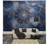 JRISEMECY Mysterious Starry Sky Mandala Tapestry Luxurious Marble Tapestries Wall Hanging Navy Blue Floral Bohemian Wall Art For College Dorm Beach Throws Table Cloth Bedding Tapestry, 90"X70"