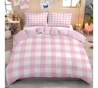 JRISEMECY Pink Cartoon Pink White Checkered Pattern Duvet Cover, King Size Bedding Set 230X220Cm, Soft Microfiber, Watercolor Stripes Reversible Designs, 2 Pillowcases, Bohemian Bedding Quilt Cover