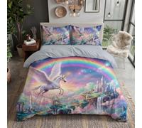 JRISEMECY Powder Blue Dreamy Rainbow Pegasus Duvet Cover, King Size Bedding Set 230X220Cm, Soft Microfiber, Fairy Tale Cloud Castle Reversible Designs, 2 Pillowcases, Bohemian Bedding Quilt Cover