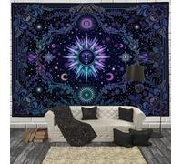 JRISEMECY Psychedelic Celestial Border Tapestry For Living Room, Deep Blue Starry Sky Flowers Hippie Wall Hanging For Bedroom, Aesthetic Cool Tapestry Beach Blanket College Dorm Home Decor (90"X70")
