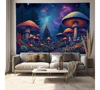 JRISEMECY Psychedelic Mushrooms Galaxy Tapestry Cartoon Forest Tapestries Wall Hanging Dark Blue Floral Bohemian Wall Art For College Dorm Beach Throws Table Cloth Bedding Tapestry, 40"X30"