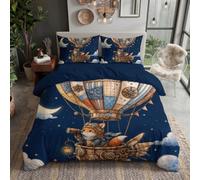 JRISEMECY Retro Fox Explorer Single Duvet Cover Set 135X200Cm 2 Piece Soft Microfiber Reversible Bedding Set Dark Blue Steampunk Hot Air Balloon Quilt Cover With Zipper And 1 Pillowcase 50X75