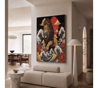 JRISEMECY Retro Ukiyo-E Lion Unframed Canvas Wall Art For Living Room | Black Modern Artwork, Japanese-Style Waves Flowers Decoration Prints, Canvas Painting Pictures For Bedroom Hallway, 16X24