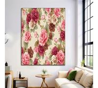 JRISEMECY Romance Roses Flowers Unframed Canvas Wall Art Vintage Plants Painting Canvas Prints Poster Beige Red Pictures For Living Room Bedroom Home Office Hallway Corridor Wall Decor 50X70Cm