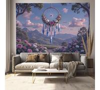 JRISEMECY Romantic Flower Dreamcatcher Art Tapestry Wall Hanging, Mountain Landscape Design 230X180Cm, Blue And Pink Polyester Tapestries For Dorm Bedroom Living Room Decor, Party Backdrop With Hooks