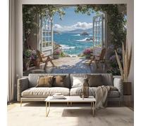 JRISEMECY Rose Window View Art Tapestry Wall Hanging, Mediterranean Ocean View Design 230X180Cm, Sky Blue Polyester Tapestries For Dorm Bedroom Living Room Decor, Party Backdrop With Hooks