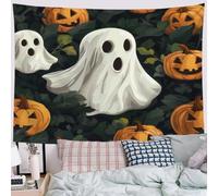 JRISEMECY Rural Halloween Theme Tapestry, Ghosts Pumpkin Lanterns Tapestry For Bedroom | Dark Green Aesthetic Bohemian Tapestries Wall Hanging For Living Room College Dorm Decor, 150X130Cm/60 X50
