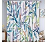 JRISEMECY Simple Watercolor Plants Curtains 72 Inch Drop, Blue-Green Rustic Style Leaves Blackout Curtains For Bedroom, Living Room Decor, Soft Thermal Insulated Eyelet Drapes For Windows - 2 Panels