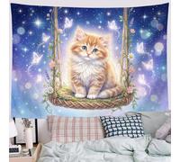 JRISEMECY Tapestry Wall Hanging Fairy Tale Cat Swing Dreamy Butterfly Starry Sky | Aesthetic Tapestries For Bedroom College Dorm Living Room Backdrop Wall Decor Art, Blue, 90"X60"