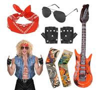 JRJRN 7PCS Punk Gothic Rocker Costume Set, Kids Punk Rockstar Accessories, Disco Rock Star Fancy Dress, Inflatable Guitar,Gloves, Glasses & More for Theme Party Carnival Party Halloween