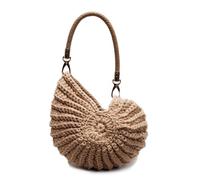 JRNDNIUO Handmade Crochet Seashell Purse with Pearl Chain Summer Woven Handbag Small Shell Crossbody Beach Bag, Khaki, 10.63 inches