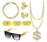 JrnSvp 80s Accessories, Halloween Costume, Pack of 8 Fancy Dress Costumes Men Gold Chain Men's Sunglasses Golden Dollar Chain Ring, for 80s 90s Outfit Men's Theme Party