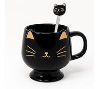 JRose Collections 350ml Black Cat Mug with Spoon - Cute Ceramic Coffee Cup with Handle and Matching Cat Head Spoon for Tea, Hot Chocolate and Drinks