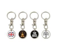 JRose Collections 4 Pack Trolley Token Keychains - £1 Coin Compatible Metal Tokens with Clip - Union Jack, Buddha, The Boss, Tree of Life Designs - Reusable Keyring Set for UK Supermarket Shopping