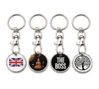 JRose Collections 4 Pack Trolley Token Keyrings - Reusable Shopping Trolley Coins with Lobster Clips - Metal Supermarket Trolley Tokens - Union Jack, Buddha, The Boss & Tree of Life