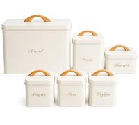 JRose Collections 6 Piece Kitchen Storage Canister Set with Bread Bin, Tea Coffee Sugar Cake Biscuit Tins - Cream Metal Containers with Wooden Lid Handles - Modern Countertop Organisation Set JR2622