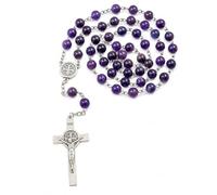 JRose Collections Amethyst Gemstone Rosary Beads 8mm Catholic Prayer Necklace with Saint Benedict Centrepiece and Crucifix Purple Rosary with Velvet Pouch for Prayer Meditation and Devotion