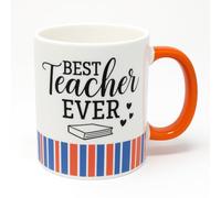 JRose Collections Best Teacher Ever Mug - Ceramic Coffee Mug with Orange Handle & Colourful Stripes - Teacher Appreciation Gift for End of Term, Christmas, or Birthday - 11oz