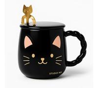 JRose Collections Black Cat Mug with Lid and Spoon - Cute Ceramic Coffee Mug with Tail Handle & Golden Cat Stirrer - Gift for Animal Lovers, Women, Girls, Tea or Hot Chocolate - 400ml Capacity