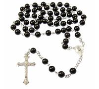 JRose Collections Catholic Rosary Beads Necklace - 8mm Black Glass Beads with Silver-Tone Crucifix & Mary Medal - Traditional Prayer Rosary for Men & Women