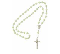 JRose Collections Catholic Rosary Necklace with 8mm Glow in The Dark Luminous Beads, Light Green Prayer Rosary Chain with Metal Crucifix and Marian Centrepiece, Christian Devotional Prayer Beads