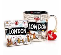 JRose Collections Ceramic London Mug with Matching Coaster Set - 350ml Coffee Tea Cup - Iconic London Skyline Design - Gift Boxed UK Souvenir