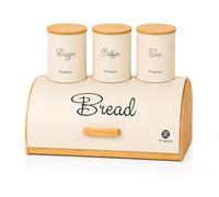 JRose Collections Cream Bread Bin with Tea Coffee Sugar Canister Set Bamboo Style Kitchen Storage Containers Metal Bread Box Countertop Organiser Roll Top Bread Storage Set 36x25cm JR2623
