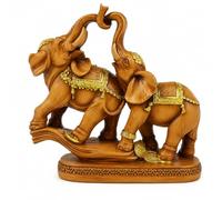 JRose Collections Elephant Family Figurine 18cm Resin Ornament with Wood Effect Finish, Decorative Elephant Statue with Gold Detail, Home Decor Display Sculpture, Lucky Elephant Gift