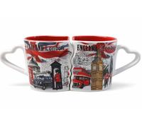 JRose Collections England London Fine China Heart Handle Mug Set of 2 - 250ml Red Interior Ceramic Cups with Iconic London Landmarks