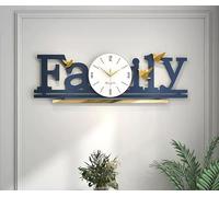 JRose Collections Family Wall Clock Modern Decorative Blue & Gold Design with Birds - Large 80×26cm Stylish Silent Non-Ticking Clock for Living Room, Dining Room, Bedroom or Home Wall Décor